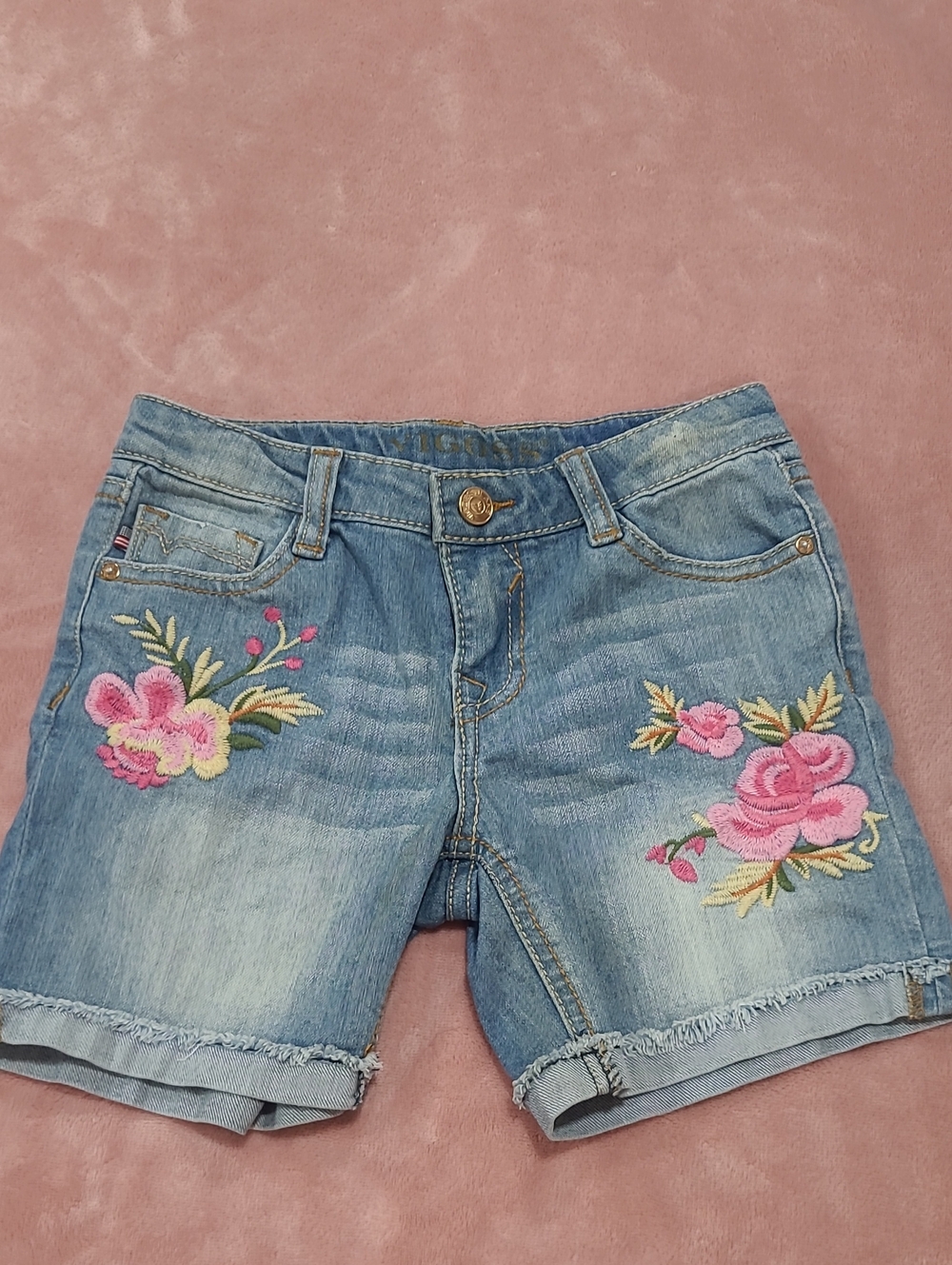 Kids Light Blue Denim Shorts with Pink Floral Embroidery